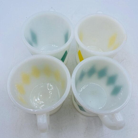 Fire King Diamond Coffee Mugs: Anchor Hocking, Yellow & Green, Set of 4 - Picture 5 of 6